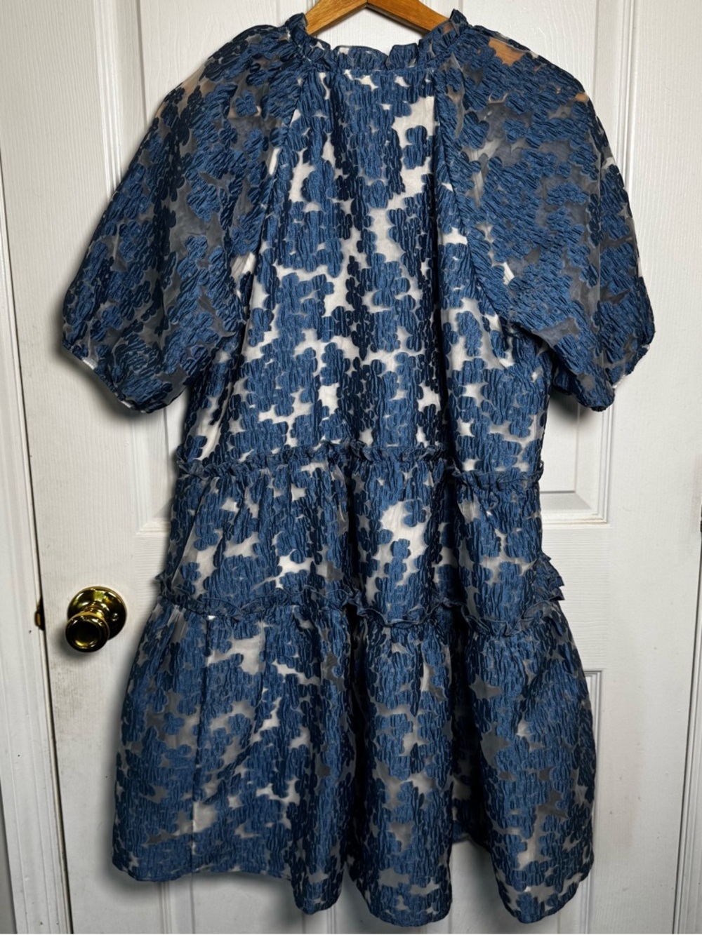 Maeve Anthropologie Blue Textured Tiered Mini Dress Small Puff Sleeve Romantic - Picture 16 of 16